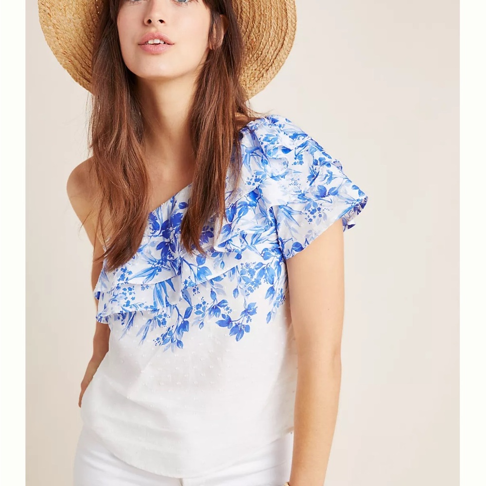 Anthropologie Maeve Asymmetrical one shoulder White & Blue Athena Blouse size 12